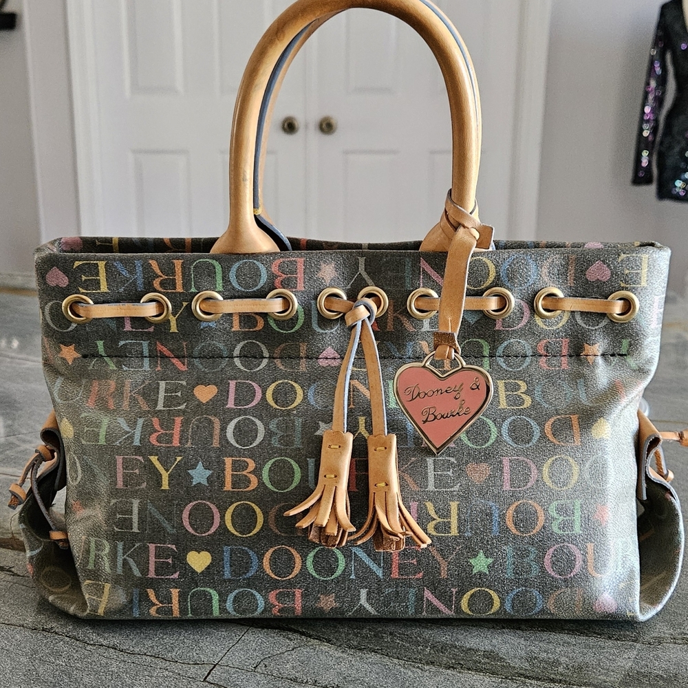 Dooney & Bourke Multicolor Logo Drawstring Tote | Y2K | Leather Trim